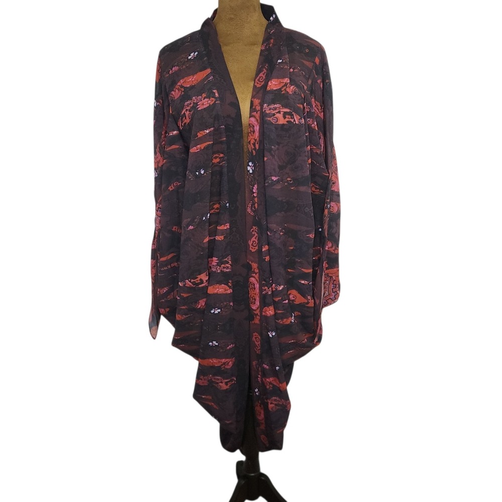 City Chic Cardigan Kimono Size XL Red Floral Chiffon Flowy Lightweight Draped